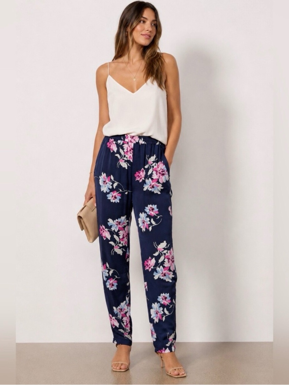 Joie Silk Floral Pull-On Pants | Navy Blue Pink Print | Size Small EUC MSRP $198